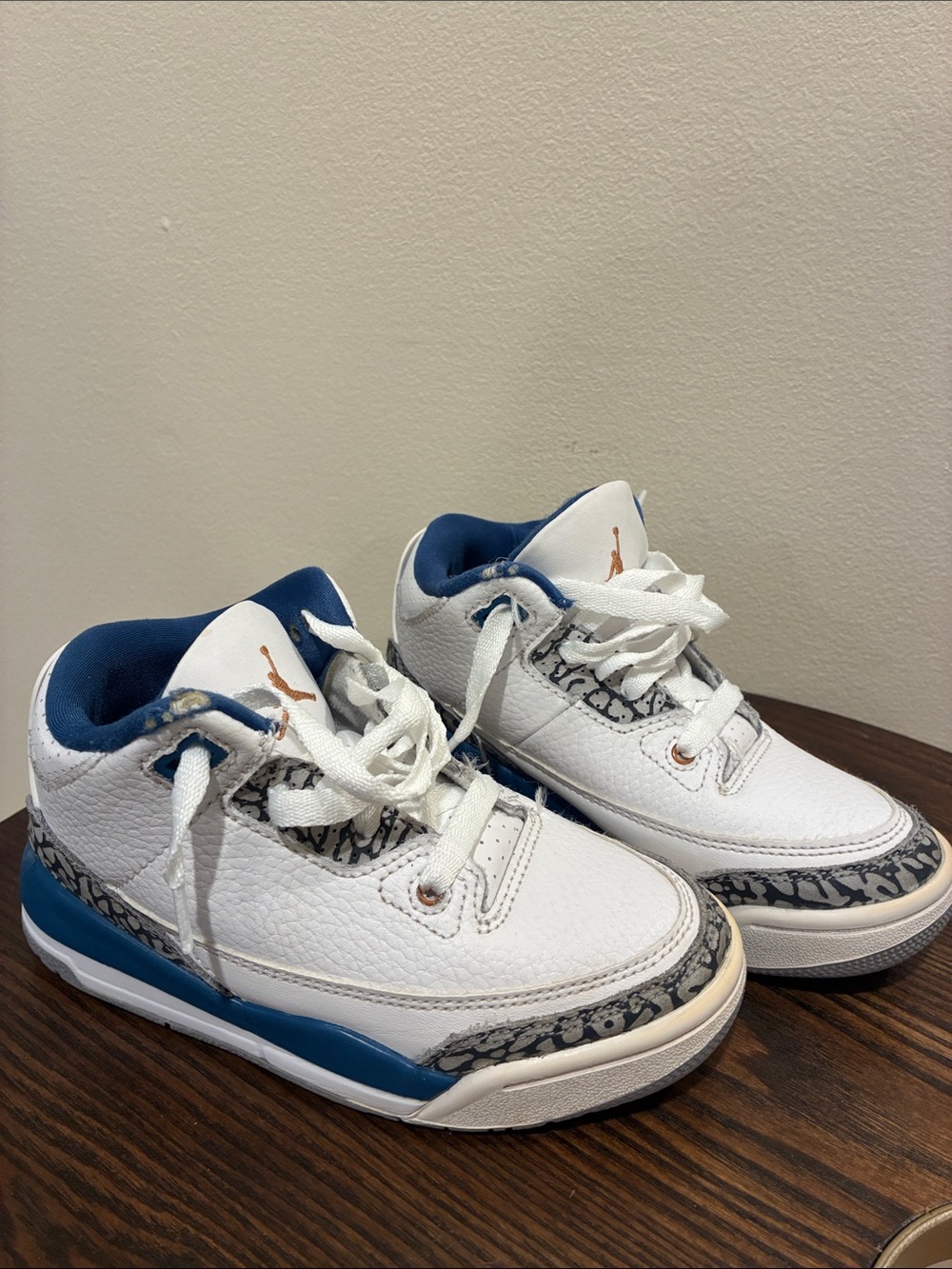 Jordan 3 Kids White and University Blue Retro with Elephant Print used 11c